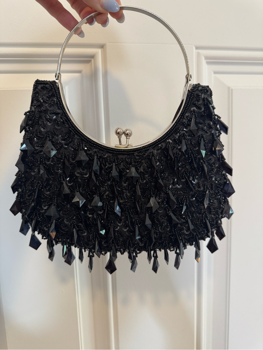 Y2K Black Beaded Sequin Evening Bag Purse Silver Ring Handle